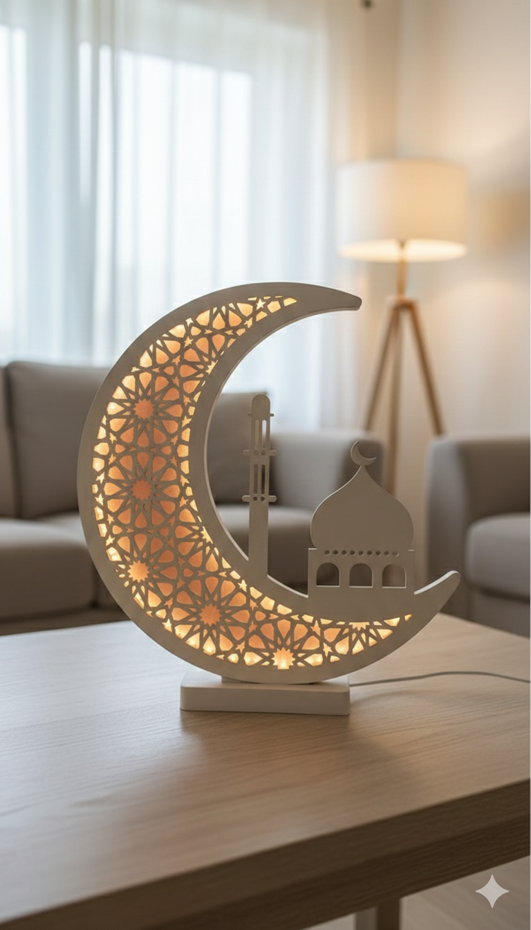 Lampe LED en forme de lune islamique en bois