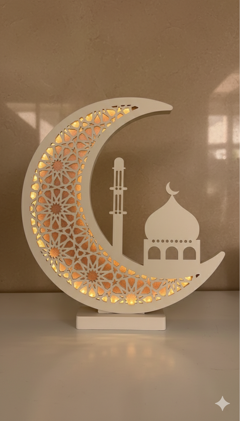 Lampe LED en forme de lune islamique en bois